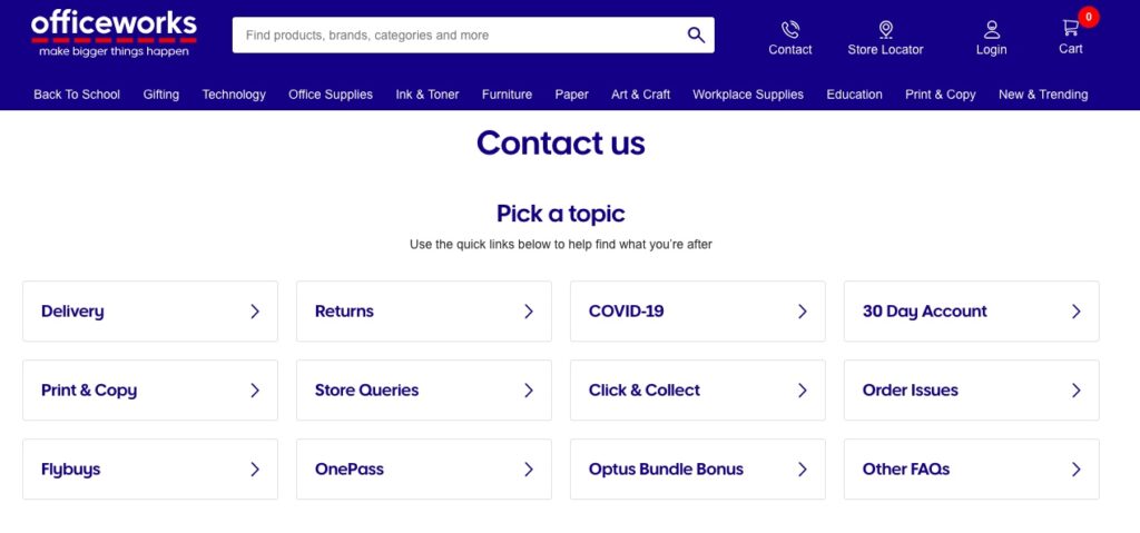 screenshot of contact us page